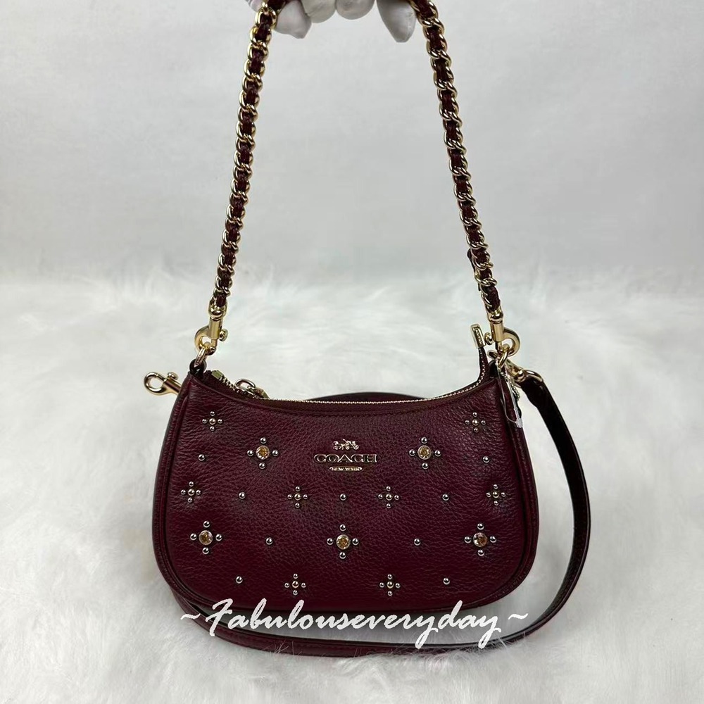 Coach Teri Mini Crossbody Bag With Crystals In Leather/Gold/Dark Wine CCE43 NWT